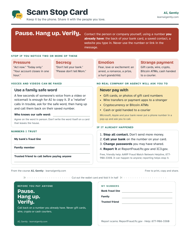 Preview of the Scam Stop Card: the four alarm bells of a scam, the rule Pause, Hang up, Verify, a family safe word plan, and a cut-out wallet card.